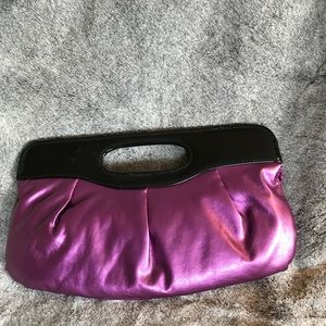 B Bag purple lame and patent leather clutch